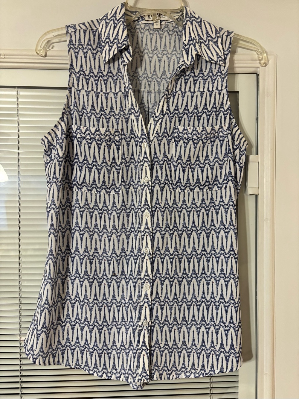 Express Eiffel Tower White Blouse with Navy and Tiny Red & Blue Accents